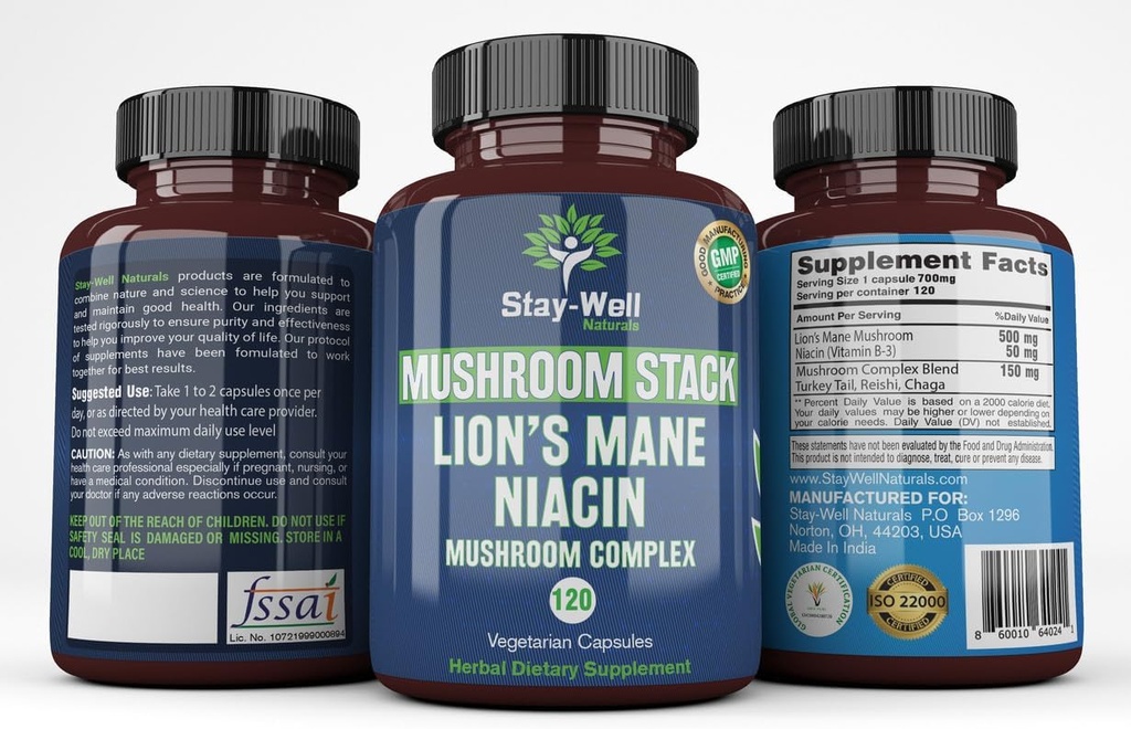 Niacin가있는 Lion Mane Mushroom 보충 캡슐 | 터키 꼬리 버섯, Chaga Mushroom 및 Reishi 버섯 추출물, 버섯 보충 캡슐이있는 버섯 복합 캡슐
