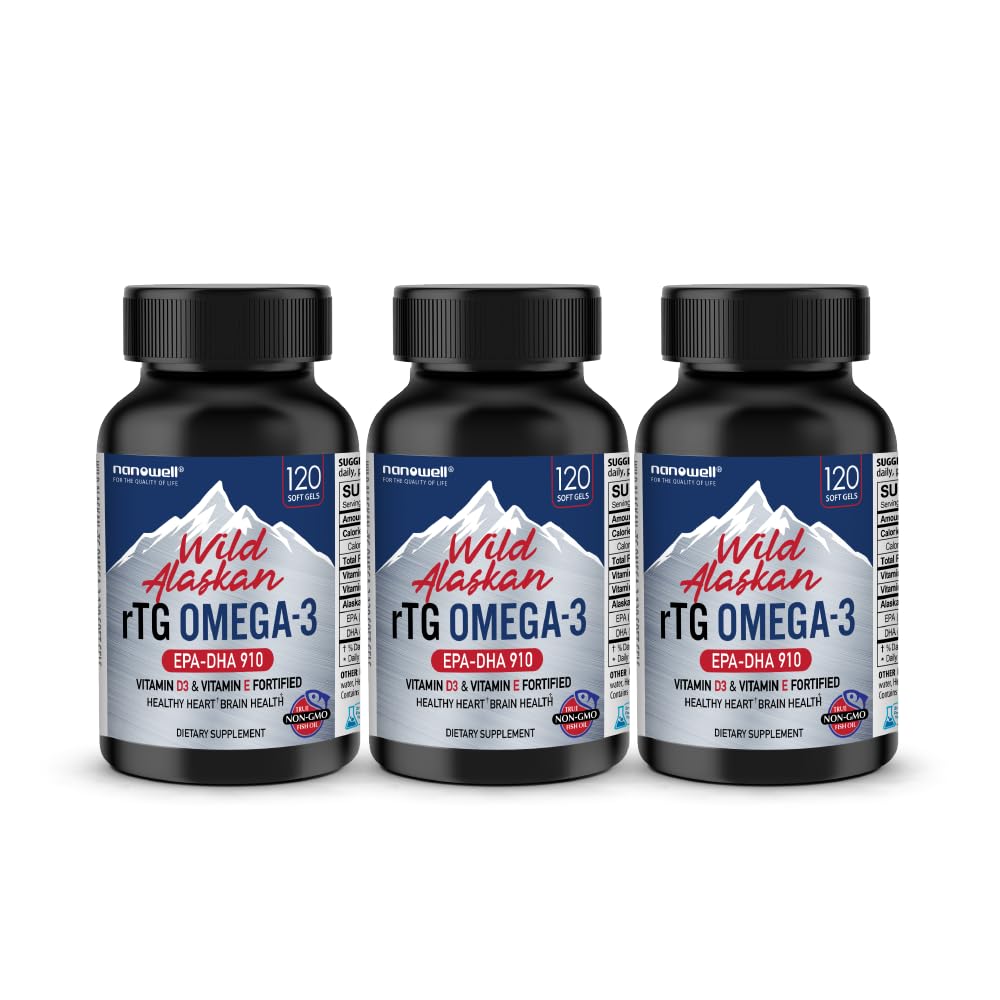 NANOWELL 야생 알래스카 rTG 오메가-3 물고기 기름 1196mg - EPA, DHA, 비타민 D3 & E - 120 Softgels x 3 병 (360 카운트)