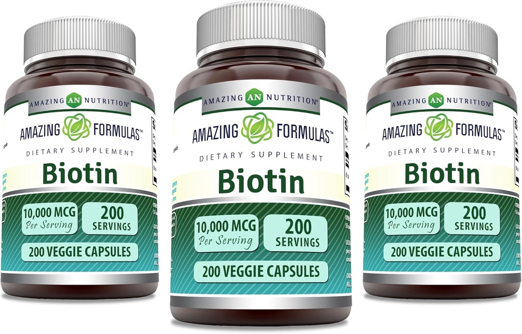 Amazing Formulas Biotin 10000 mcg Veggie 캡슐 | 비타민 B7 보충 | 비 GMO | 글루텐 프리 | 미국에서 제작 (200 개 | 3 팩)
