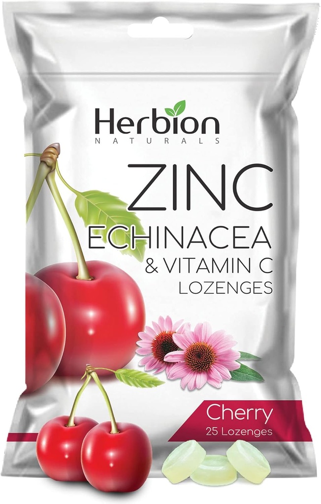 HERBION 자연적인 아연, Echinacea & 비타민 C Lozenges 25 CT의 성인 & 아이들 5+를 위한 규정식 보충교재는, 전체적인 가족, 25 조사, 버찌, 1의 팩을 위한 웰니스를 승진시킵니다