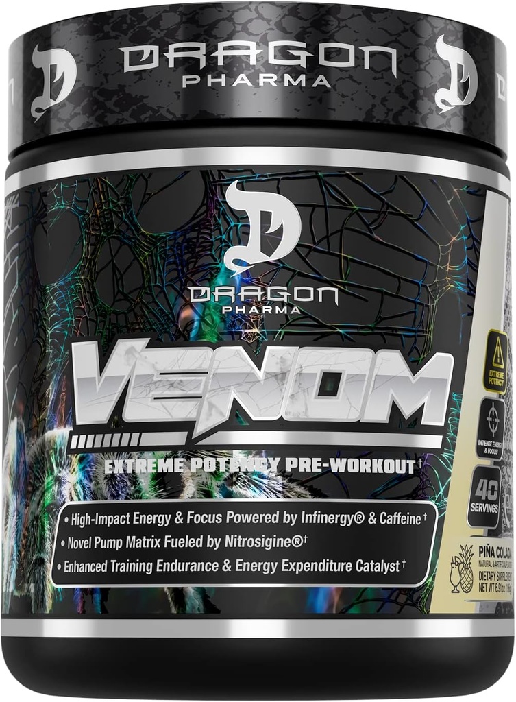 DRAGON PHARMA Venom Extreme Potency Pre-Workout, Laser Sharp Focus + Energy, Intense Performance, 향상된 Vasodilation 및 Endurance (40 서빙, Piña Colada)에 대한 입증 된 성분