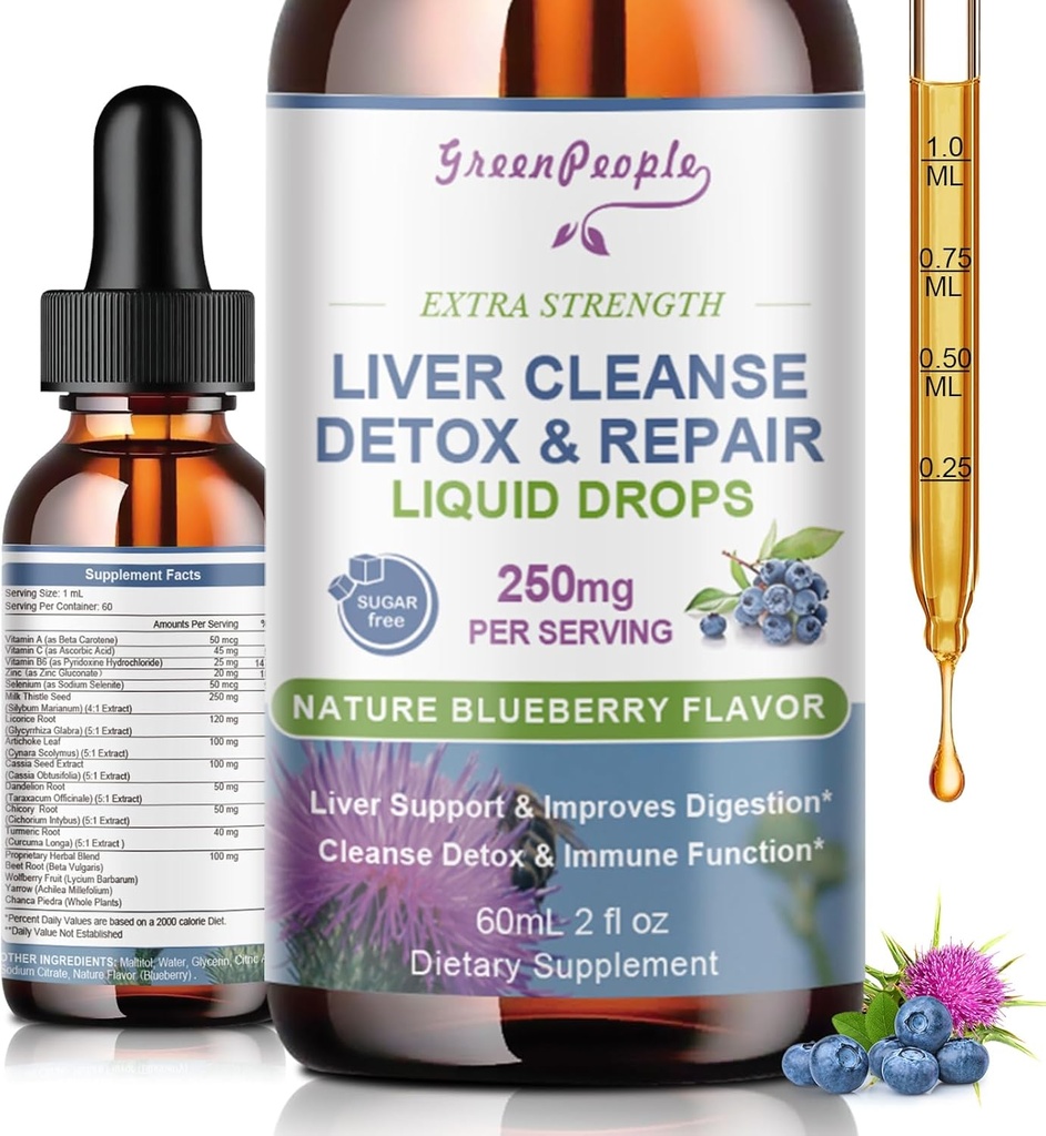 GREENPEOPLE Liver Cleanse Detox & Repair Drops - Liver Supplement w/Milk Thistle Silymarin, Artichoke & Liver Detox & Support- 16x Potent Herb-Nutrients - 2Fl Oz Blueberry 풍미