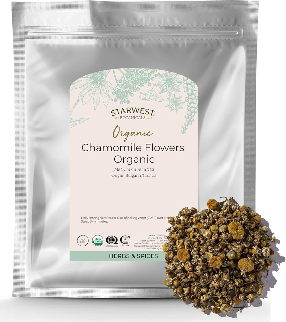 Starwest Botanicals Organic Chamomile Flowers Whole - 차, 허브 로즈 리프 허브, & 베이킹, 크로아티아 및 불가리아의 소스, 공인 Kosher, Non-GMO - 대량 1 lb 가방