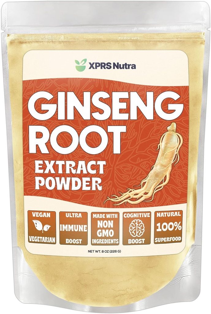 XPRS Nutra Ginseng 뿌리 추출물 분말 - 인삼 분말은 Cognitive 기능, 육체적인 성과 및 면역 체계를 지원합니다 - 분말 모양 (8 Ounce)에 있는 Vegan 친절한 Panax 인삼