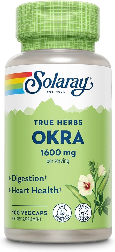 SOLARAY Okra 과일 1600 mg - 웰빙 지원을위한 높은 섬유 보충 - 수용성 섬유의 풍부한 소스 - 서빙 당 6.4 g 신선한 Okra, 채식주의자, 60 일 보증 - 25 서빙, 100 VegCaps와 동일