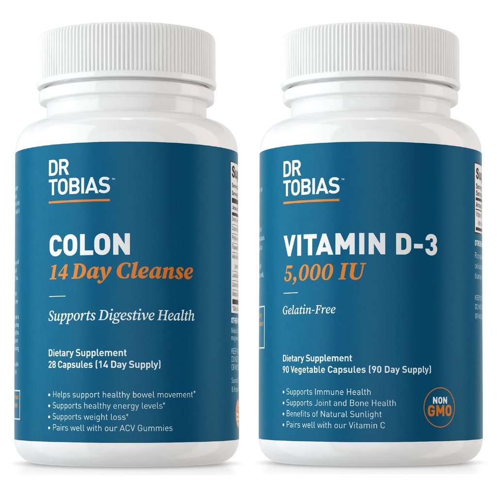 Tobias Colon 14 Day Cleanse 및 비타민 D3 5000 IU 지원 전반적인 건강, 면역 체계 및 소화 체계. Non-GMO Gut Cleanse 및 남성용 비타민 & 여성용 비타민