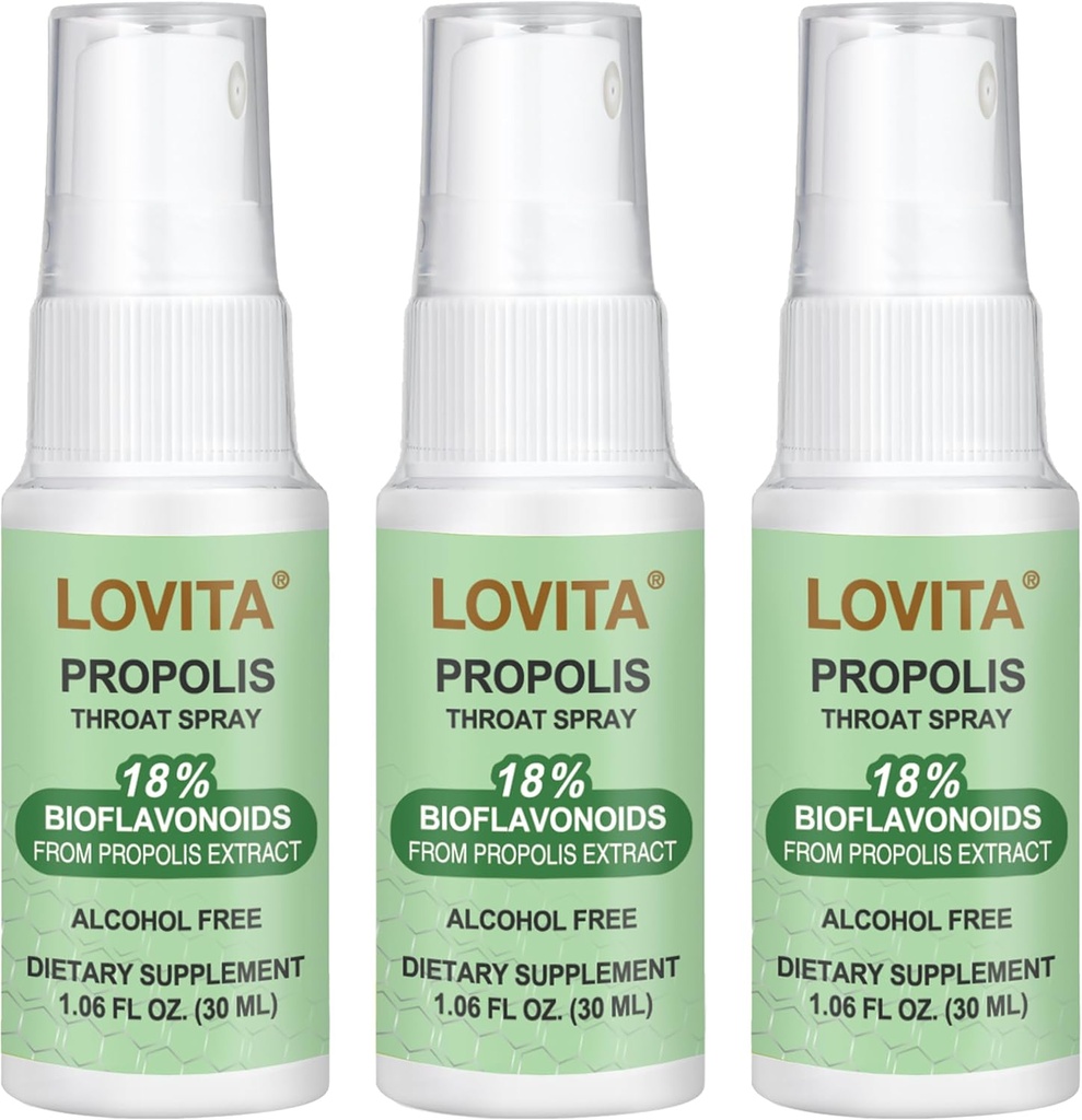 Lovita Propolis Throat 스프레이, 캐나다 프로 폴리스 스프레이, 9 : 1 % 높은 농도, 면역 지원을위한 자연 Sore Throat 스프레이, 알코올 - 무료, 1 Fl Oz (Pack of 3)