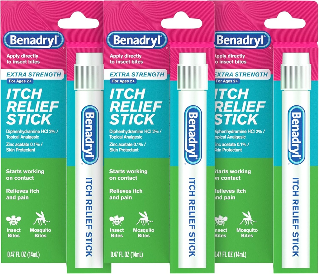 Benadryl 여분 힘 반대로 Itch 안전 지팡이,벌레 Bite Itch 기복, Diphenhydramine HCl 화제 진통제 & 아연 아세테이트 피부 보호제, 야영 정유를 위해 중대한, 0.47 fl oz (포장 3)