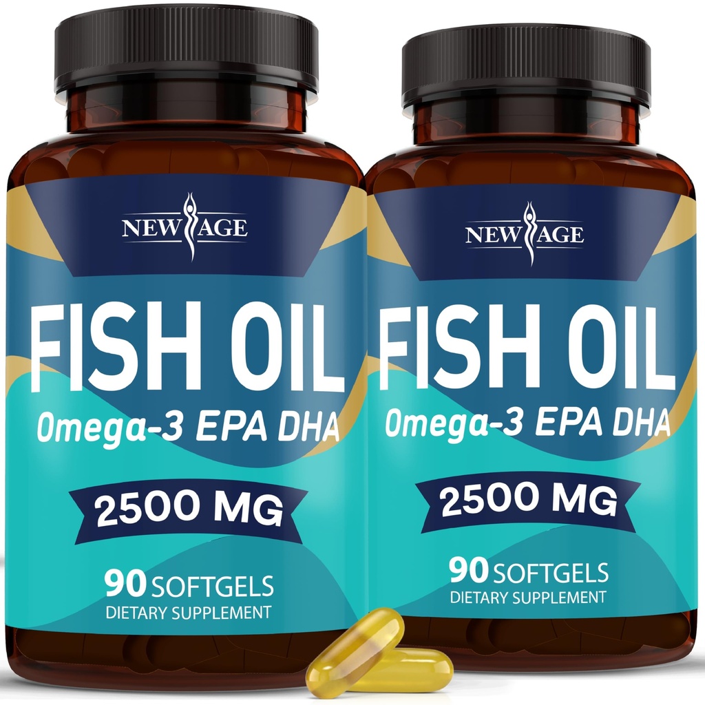 NEW AGE 오메가 3 생선 오일 2500mg 보충 비 GMO - EPA, DHA 지방산 글루텐 무료 (180 Softgels 2) 포장)