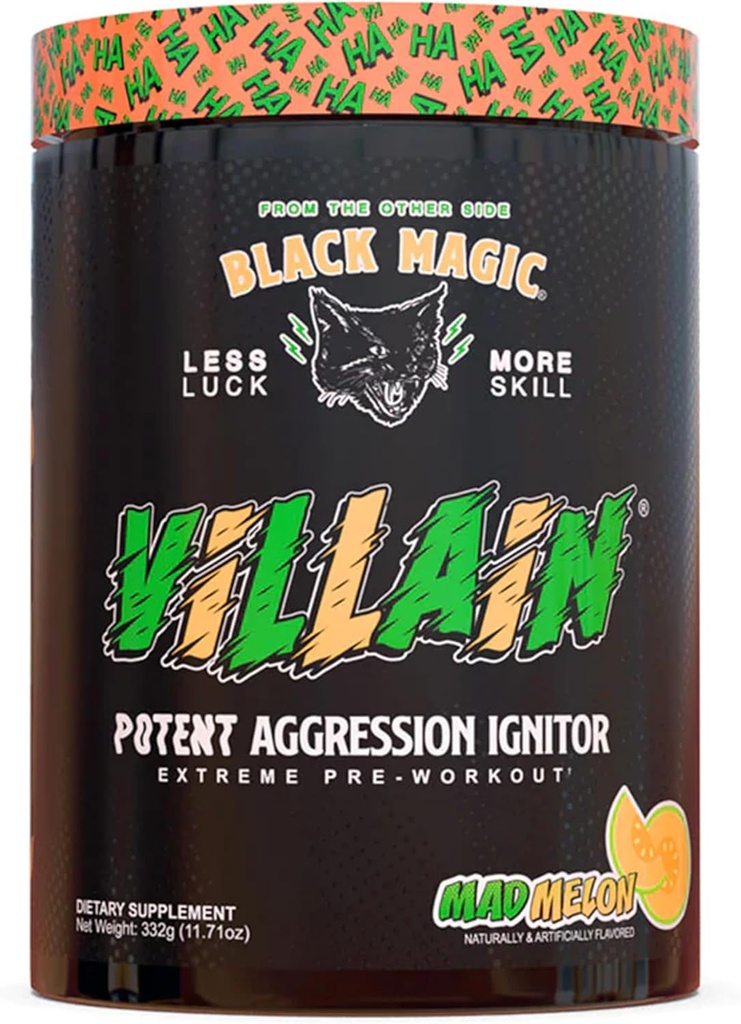 Black Magic Supply Villain High-Stim Nootropic Pre-Workout - Beta-Alanine, L-Tyrosine, & Caffeine - 펌프 및 초점 - 25 서빙 (Mad Melon)