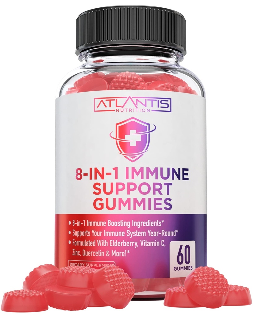 Atlantis Nutrition 8-in-1 Immune 지원 Gummies with Elderberry | Elderberry, Quercetin, 아연, 비타민 C와 면역 부스터 성인 및 어린이 - 맛있는 맛 - 60 카운트