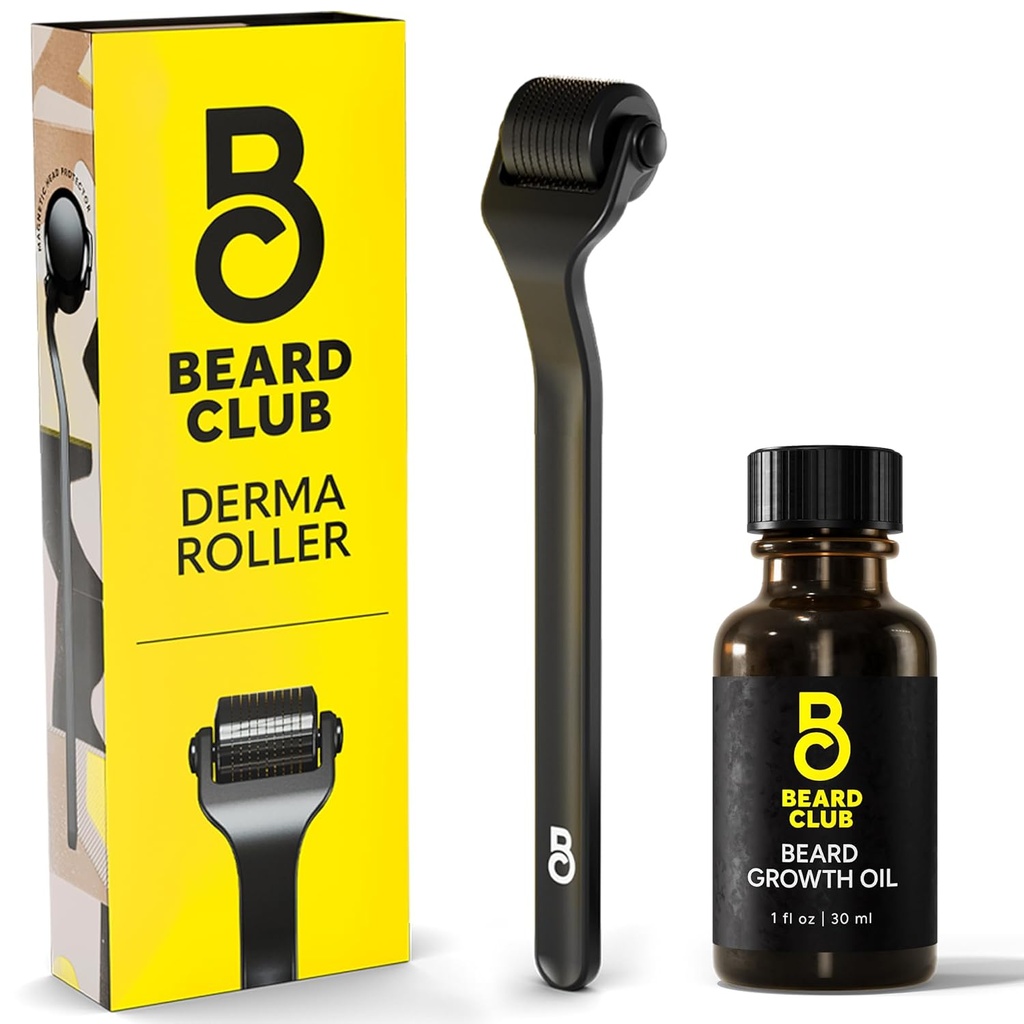 Beard Club Derma 롤러 & Beard 성장 기름 - 얼굴, 몸 & Scalp를 위한 540의 티타늄 Microneedles를 가진 Microneedling 롤러 - Sandalwood & Cedar Beard 기름을 가진 Beard 롤러