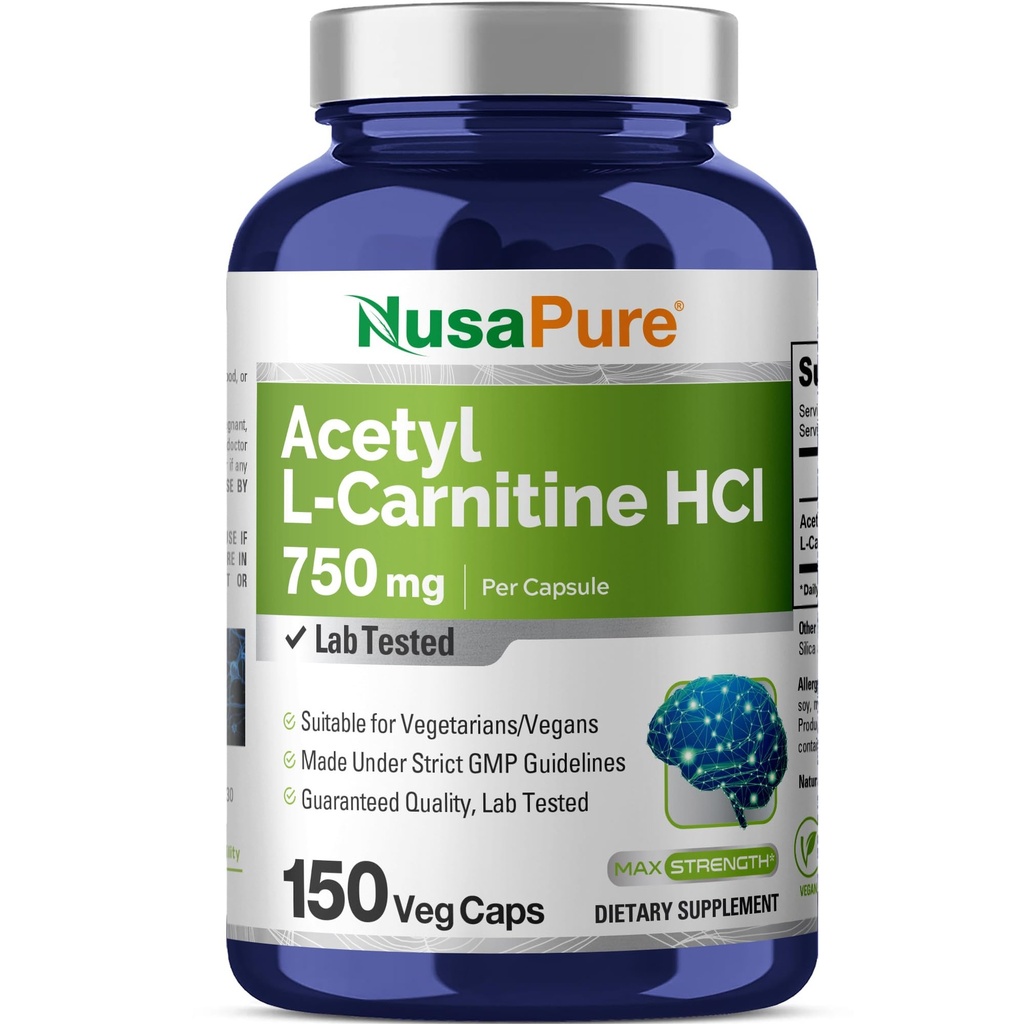 NusaPure Acetyl L Carnitine 모자 당 750mg 150 Veggie 캡슐 (비 GMO, 채식주의자) 높은 Potency Acetyl L Carnitine HCL (ALCAR)