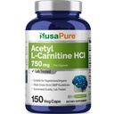 NusaPure Acetyl L Carnitine 모자 당 750mg 150 Veggie 캡슐 (비 GMO, 채식주의자) 높은 Potency Acetyl L Carnitine HCL (ALCAR)