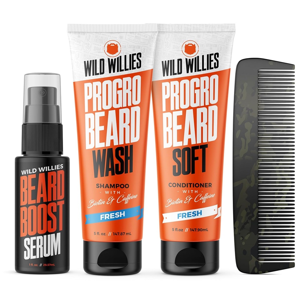 Wild Willies Beard Care Kit, Biotin Fortified 샴푸 및 컨디셔너, 두 개의 4-Oz 병, 건강한 곰 성장 촉진