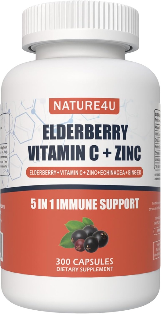 1개의 Elderberry Immune 지원 보충교재, 성인 산화 방지제 보충교재, Elderberry 1000 mg, 비타민 C, 아연, Echinacea, Ginger, 300 Vegan 캡슐을 위한 매일 면역성이 있는 승압기에서 5 - 5 달