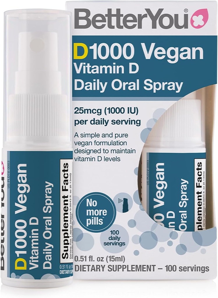 BetterYou D1000 Vegan 비타민 D 구두 살포 - 정제를 위한 편리한 대안 - 식물 Origin - 강한 뼈, 이 및 면역 체계를 승진시킵니다 - 칼슘 흡수에 있는 원조 - 100개의 매일 복용량 - 0.5 oz