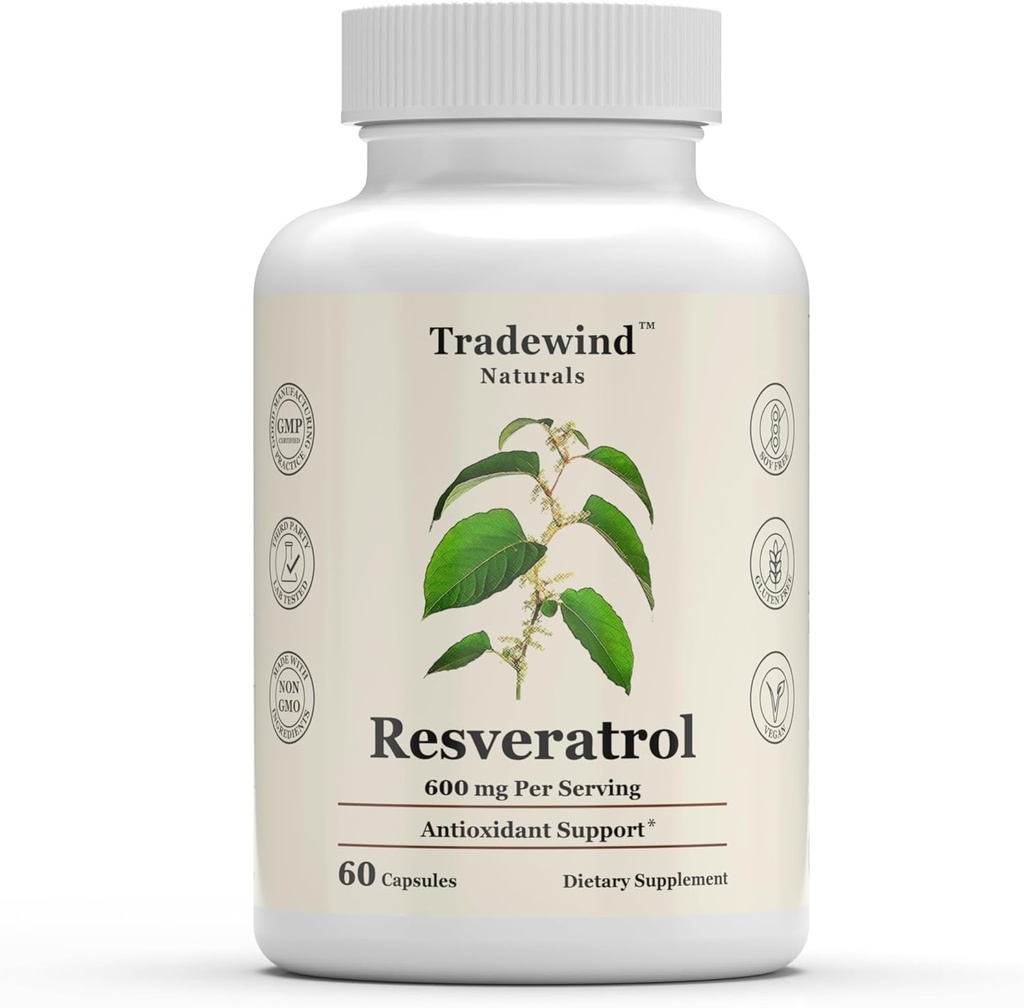 Resveratrol 600mg - Vegan - Non-GMO - 건강한 시효 및 심혈관 건강 지원 - 산화 방지제에 풍부한 - 60 식물성 캡슐