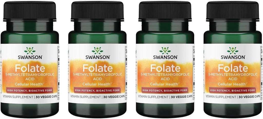 Swanson Folate 5-Methyltetrahydrofolic 산 - 높은 효능, 생체 활성 형태 800 mcg Dfe 30 Veg 모자 (4 팩)
