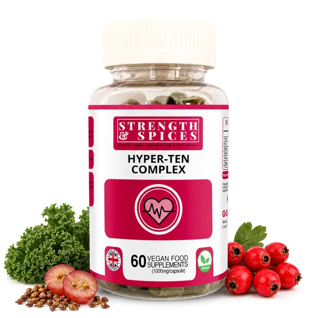 힘 & 향신료 Immune 체계 & 심장 건강을 위한 100% 자연적인 보충교재 – 15 성분 w Hawthorn 베리, 포도씨 & 버클 - 60 Vegan 영국은 1000mg 캡슐을 만들었습니다