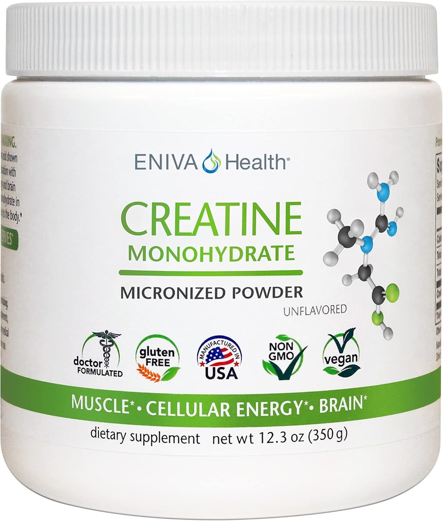 Eniva 건강 크레아틴 Monohydrate 분말, 아미노산, Micronized 분말, 70는 5개 G 12.3 oz, 근육 지원, 근육 성장, 세포질 에너지, Cognitive 초점, 매우 순수한, 약제 급료를 서빙합니다