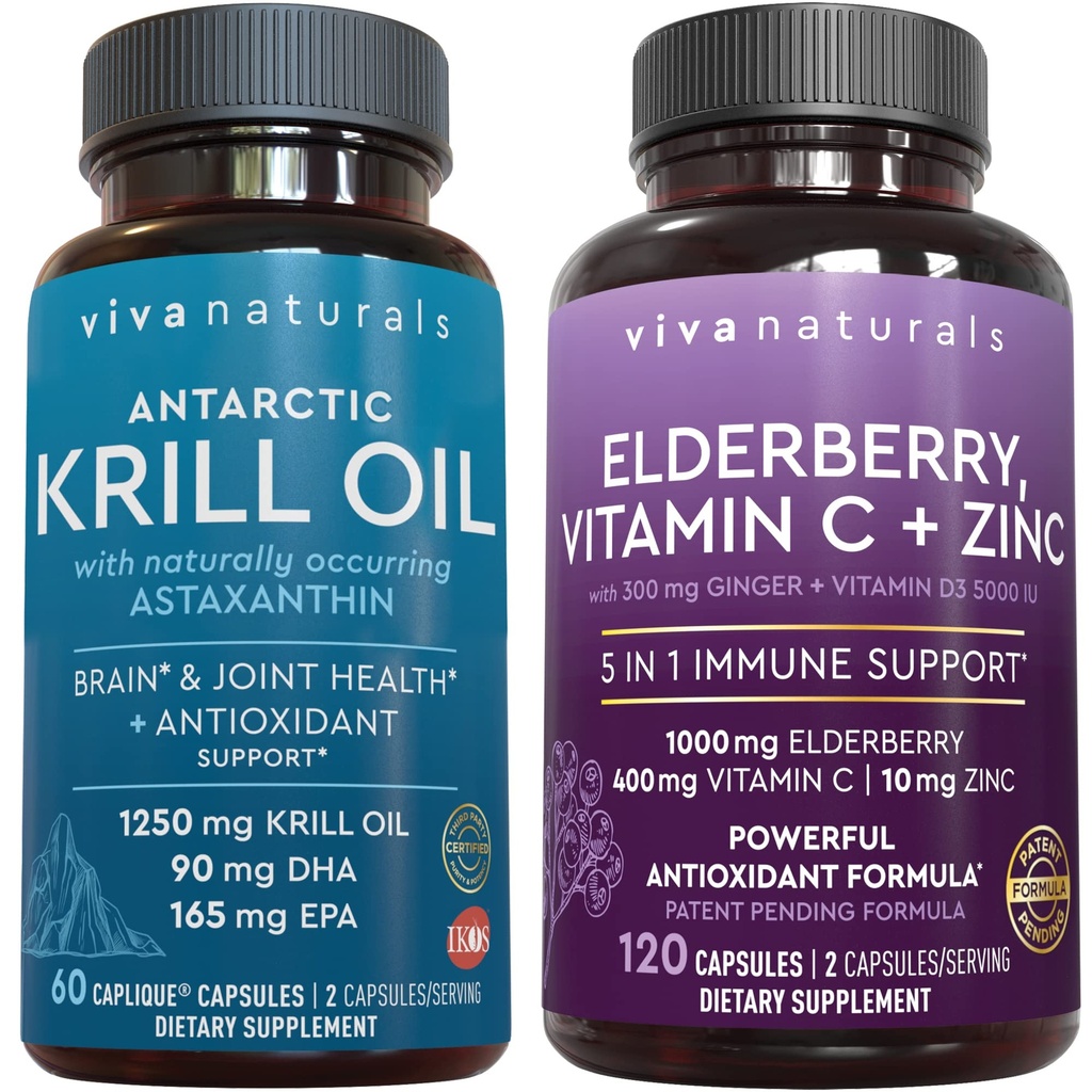 Viva Naturals Antarctic Krill Oil and Elderberry, 비타민 C, 아연 및 비타민 D3 5000 IU 번들, 1250 mg의 Krill Oil Providing Omega 3 EPA 및 DHA 공동 건강, 면역 지원을위한 Elderberry