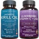 Viva Naturals Antarctic Krill Oil and Elderberry, 비타민 C, 아연 및 비타민 D3 5000 IU 번들, 1250 mg의 Krill Oil Providing Omega 3 EPA 및 DHA 공동 건강, 면역 지원을위한 Elderberry