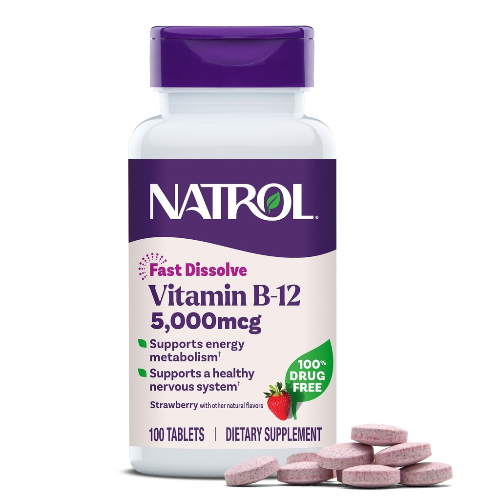 Natrol 비타민 B12 5,000 mcg, 빠른 용해 비타민 B12 보충교재는 건강한 신경 체계 및 에너지 대사, 100개의 정제, 100 까지 일 공급을 지원합니다