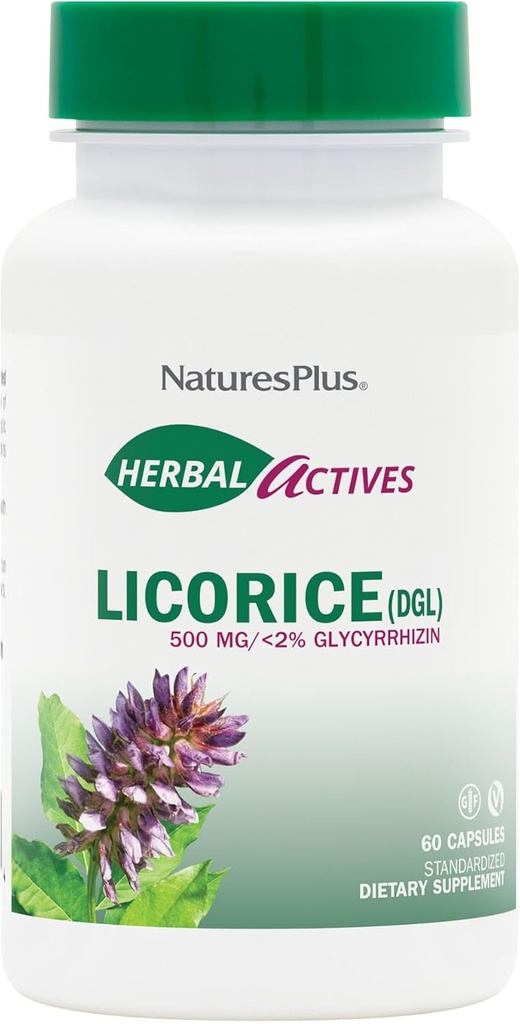 NaturesPlus 초본 활성 감초 (DGL) 500 mg - 60 캡슐, 4 팩 - 건강한 소화 및 전체 웰빙 지원 - 채식, 글루텐 무료 - 240 총 봉사