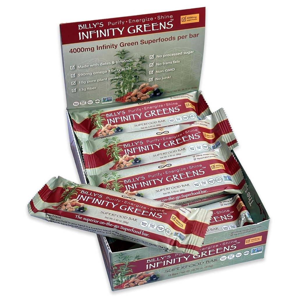 Infinity Greens Superfood Bar, 플랜트 기반 식사 교체 바 4000mg Infinity Greens Superfood Powder, Organic, Raw, Gluten Free, Non GMO (12 Bar)