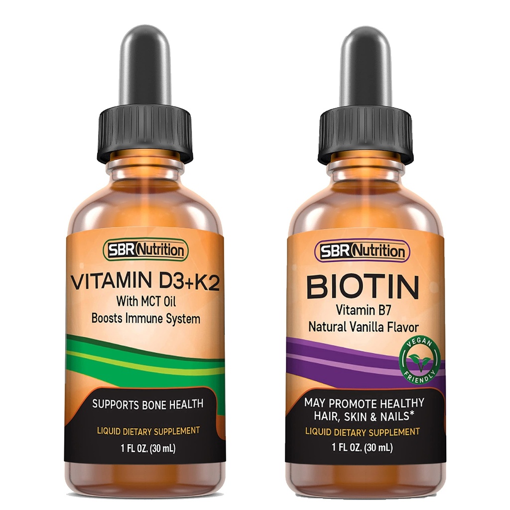 SBR 영양 D3 + K2 및 Biotin 번들 비타민 D3K2 (MK7) 액체 드롭, 페퍼 민트, 1oz | 바이오틴 5000mcg 액체 드롭, 바닐라 2oz | 성인 및 어린이 | 비 GMO, 글루텐 무료
