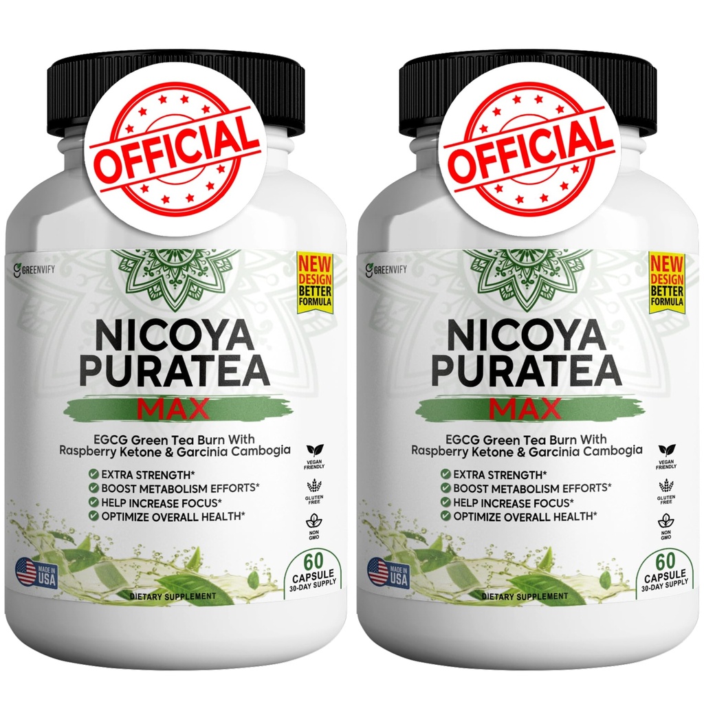 Nicoya PuraTea Max Green Tea Extract & Green Coffee Bean for Metabolism Support, 천연 에너지 부스트, 산화 - Rich 보충 - 120 캡슐