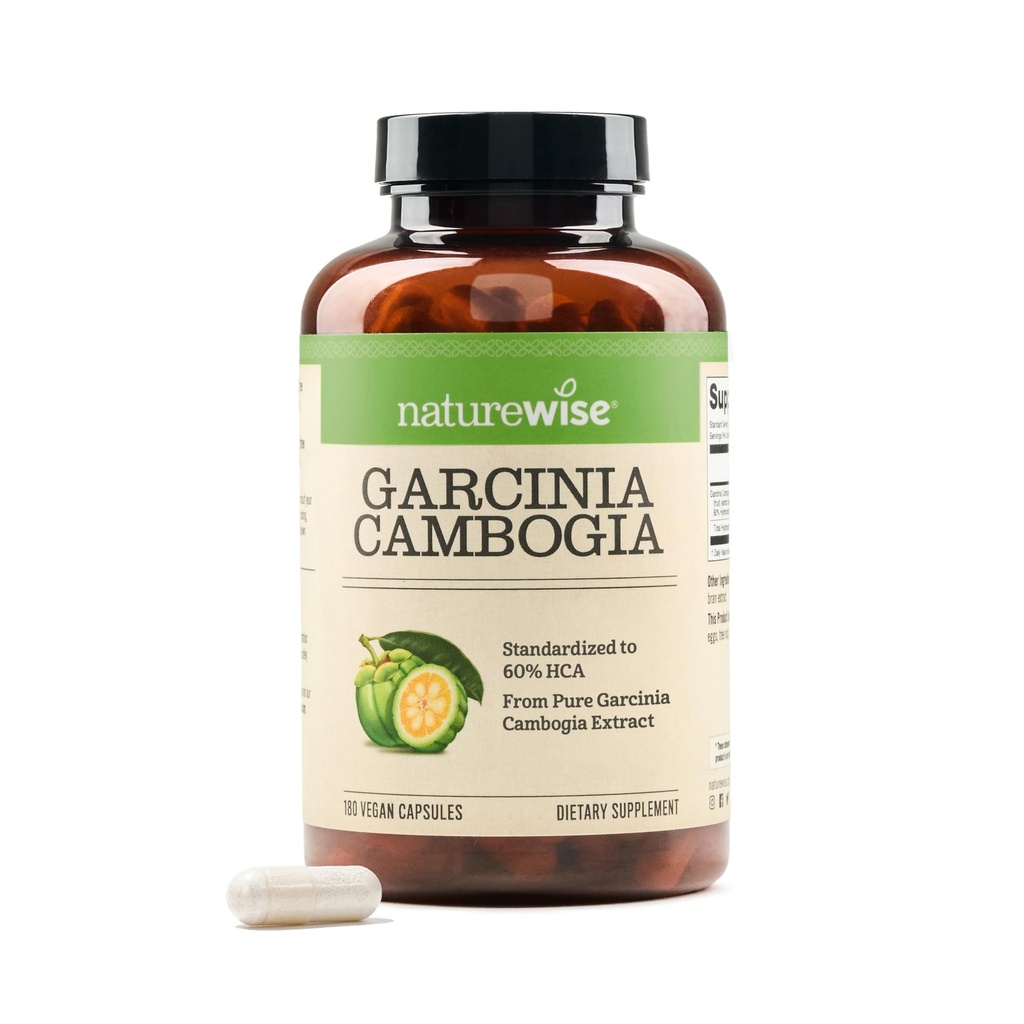 Naturewise Garcinia Cambogia - 60 % HCA 농도 추출물, 체중 목표 및 에너지 수준을위한 자연 지원 - Vegan, Non-GMO, 글루텐 무료 - 180 캡슐 [2-6 개월 공급]
