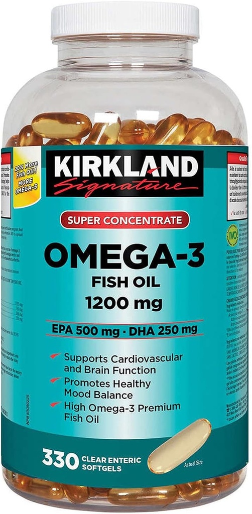 Kirkland 서명 최고 농축물 Omega-3 물고기 기름 1200mg, EPA 500/DHA 250mg, 330 명확한 enteric softgels