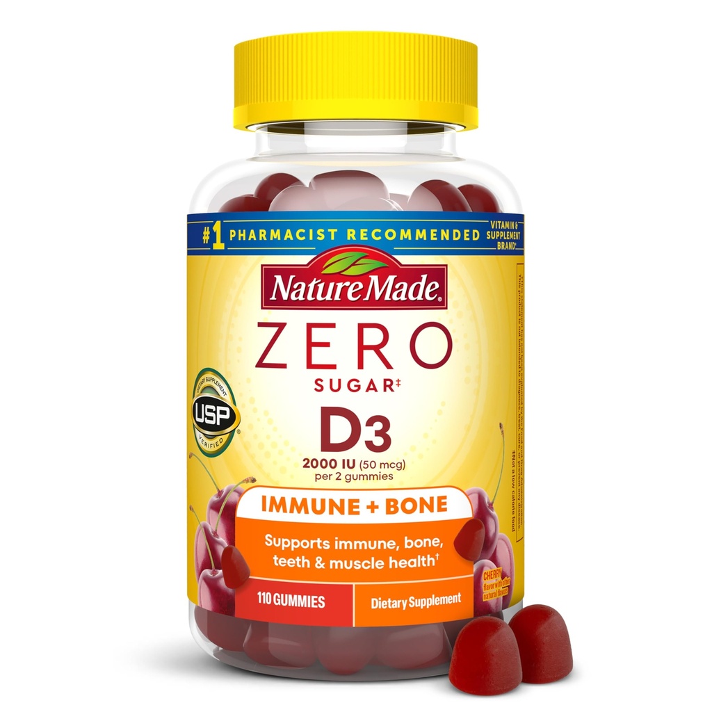 Nature Made Zero Sugar 비타민 D3 Gummies 2000 IU (50 mcg) 서빙 당, 뼈 & 면역 지원, Aspartame 무료, 110 비타민 D Gummies, 55 일 공급