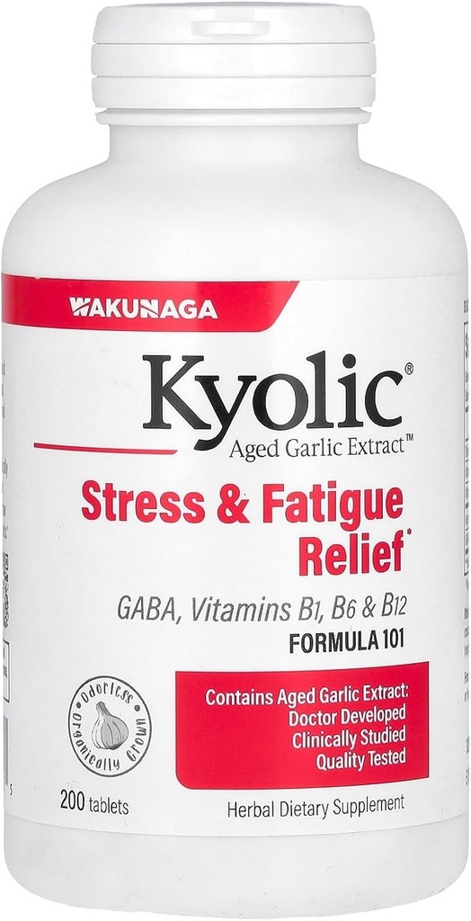 Kyolic Aged 마늘 추출물 공식 101, 스트레스 및 피로 완화, 200 정제.