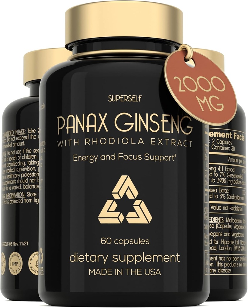Panax Ginseng 및 Rhodiola Rosea 2000mg - 한국 인삼 고 강도 60 캡슐 - 남성 및 여성을위한 초본 보충 - 인삼 뿌리 추출물과 에너지 복합체 표준 7% Ginsenoside - 미국 Made