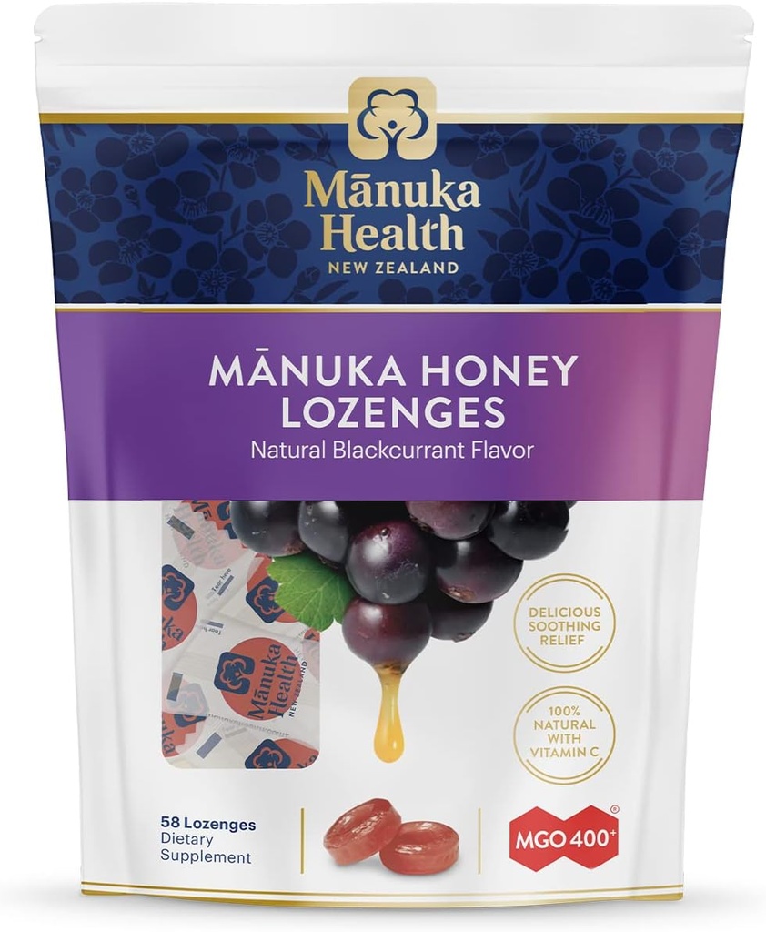 Manuka Health Manuka Honey Throat Lozenges - 블랙커런트 맛 Lozenges, 58-Count - Cough Drop Infusion with Raw Manuka Honey & Vitamin C for Immune Support