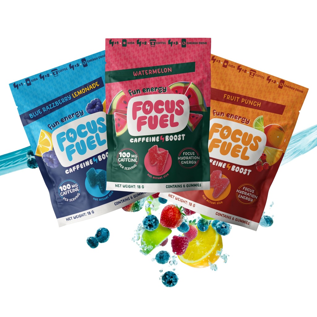 FocusFuel Energy Chews - 시험 크기 다양성 샘플 팩 (9 서빙) - 100mg 카페인 + 알파 GPC + L-Theanine + B12, 마그네슘 - 블루 라즈베리 레몬, 수박, 과일 펀치 - 충돌 또는 지터 없음