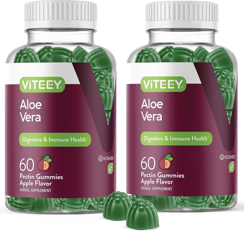 성인을위한 Viteey 알로에 Vera Gummies - 50mg - 소화 및 면역 건강 보조 - 알로에 Vera Supplement - Vegan, 젤라틴 무료, 글루텐 무료, GMO 무료, 맛있는 체할 수있는 라즈베리 맛 거미