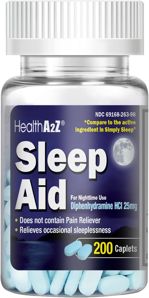 HealthA2Z Sleep Aid 200 Caplets | Diphenhydramine HCl 25mg | 일반 힘 자궁 질환 | 안전 및 비하 비트 형성