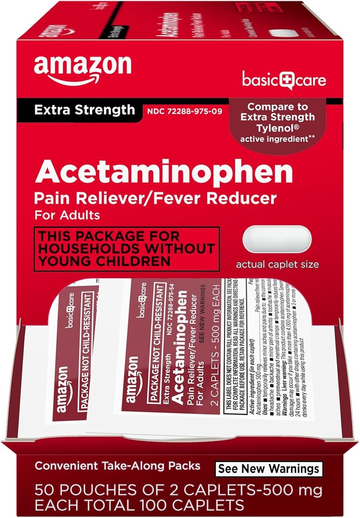 기본적인 배려 - 여분 힘 Acetaminophen 모자렛 500 mg, 100 조사 (2개의 모자를 씌우기의 50 주머니)