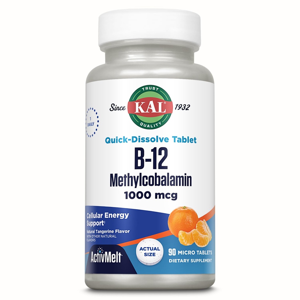 KAL 비타민 B12 Methylcobalamin 1000mcg, 건강한 에너지, 대사, Nerve & 빨간 혈액 세포 지원, * 빠른 용해 ActivMelt, 최선 흡수, 자연적인 Tangerine 풍미, 90의 서빙, 90의 마이크로 탭