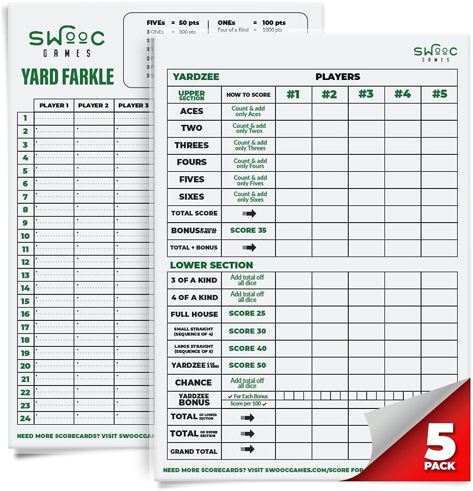 SWOOC Games® - 5 Big Premium Laminated Yardzee & Farkle Score Cards (11.5in x 8in) 규칙 - 거대한 옥외 향을 위한 큰 재사용할 수 있는 건조한 Erase 패드