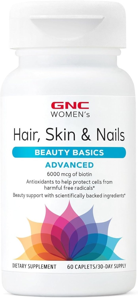GNC Women's Advanced Hair, Skin & Nails Daily Multivitamin Blend for Women, Biotin, Hyaluronic Acid, Collagen, Lutein, 60 Caplets 포함 임상적으로 장식 된 뷰티 지원