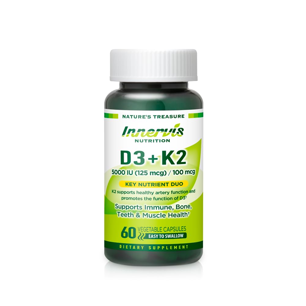 비타민 D3 5000 IU + K2 MK-7 100mcg – 뼈, 심장 & 면역 지원, 삼키기, 60 캡슐에 쉬운