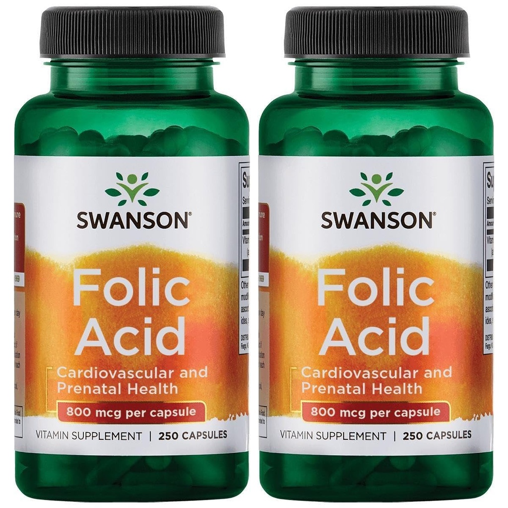 Swanson Folic 산 800 mcg (1Vitamin 335 mcg Dfe Folate) 250 캡슐 (2 팩)