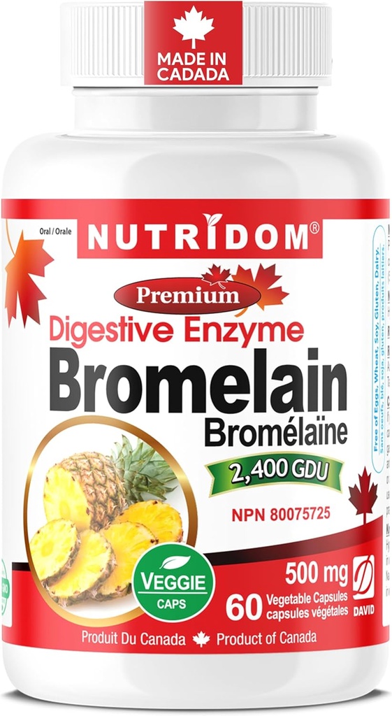 Nutridom Bromelain Digestive Enzyme Pineapple 보조 식품, 2400 GDU, 500mg, Non-GMO, Vegan, Gluten, Soy & Dairy (60 개)의 무료