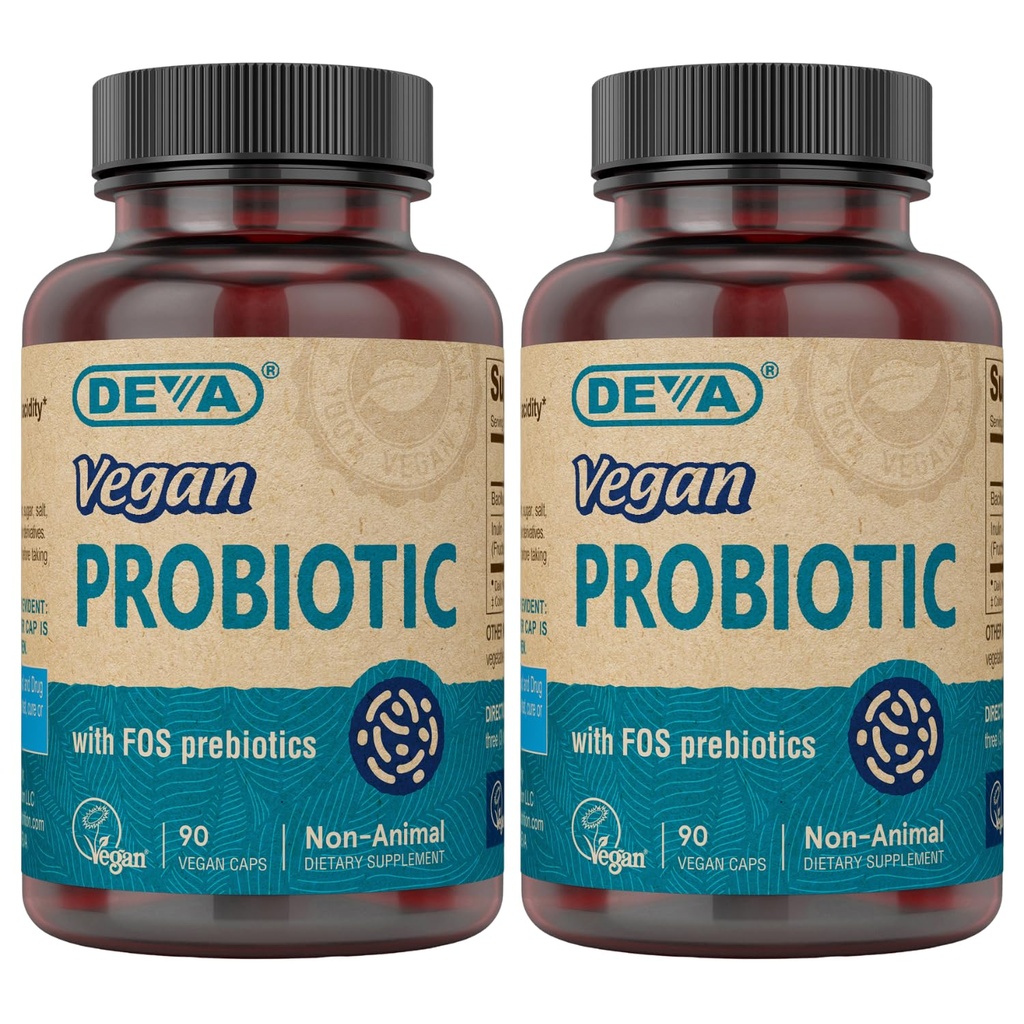 FOS Prebiotics 보충교재를 가진 DEVA Vegan Probiotics - 남자 & 여자를 위한 서빙 당 100 MG를 가진 2억 CFU - 자연적으로 선반 안정 - 90의 캡슐 (포장 2)
