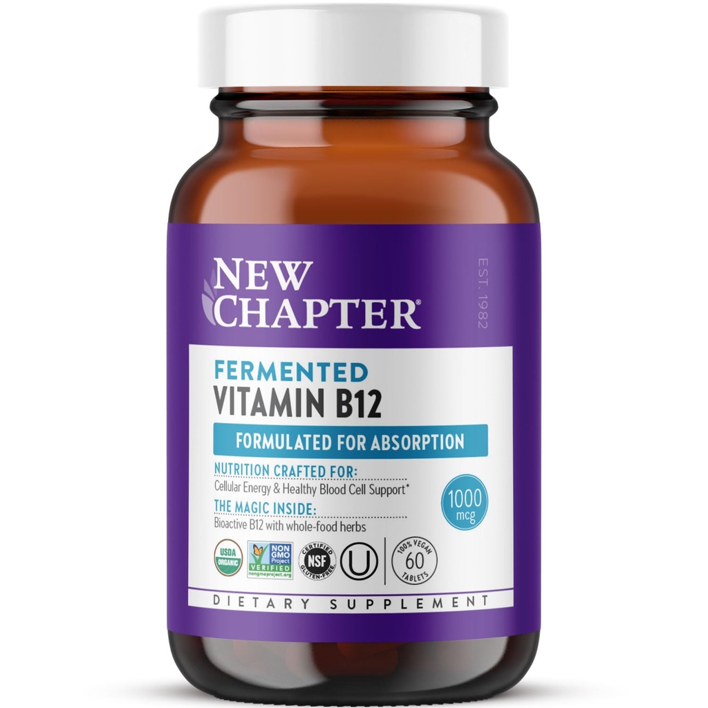 새로운 장 발효 비타민 B12 1,000 mcg, USDA 유기, 셀룰러 에너지 + 건강한 혈액 세포, 공인 채식주의자, 글루텐 무료 - 60 개